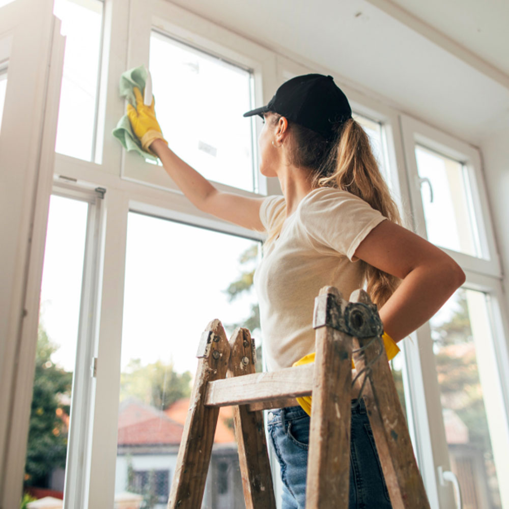 Crew removing renovation dust from condo windowsills and floors before final move-in walkthrough